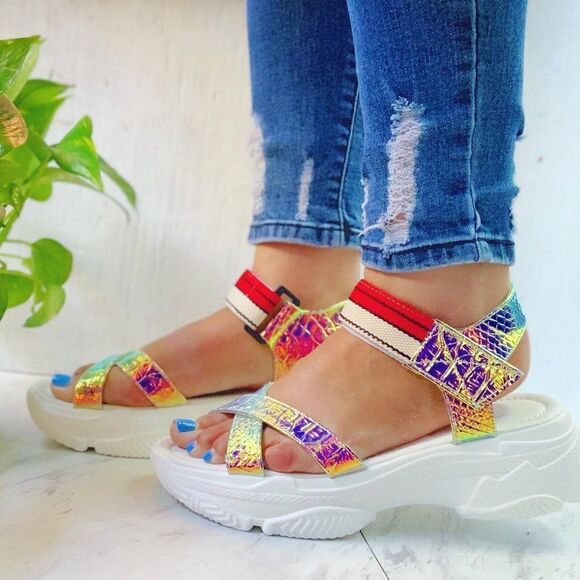 Hologram Rainbow White Velcro Platform Sandals - Picture 7 of 8